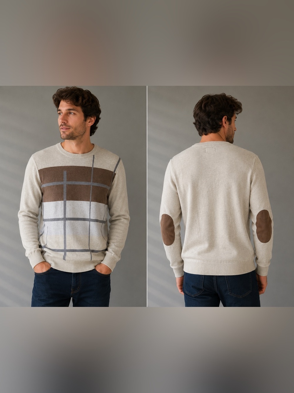 Octave Men’s Beige Plaid Sweater Elbow Patch Cotton Crewneck Size M